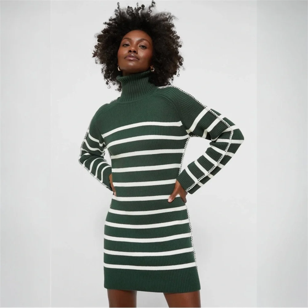 Tuckernuck Hyacinth House Striped Emsley Mini Sweater Dress Pine Green White XXL